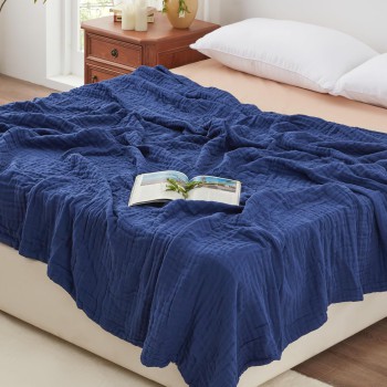 Love's Cabin 6 Layer Cotton Muslin Blanket, Navy Blue Queen Size