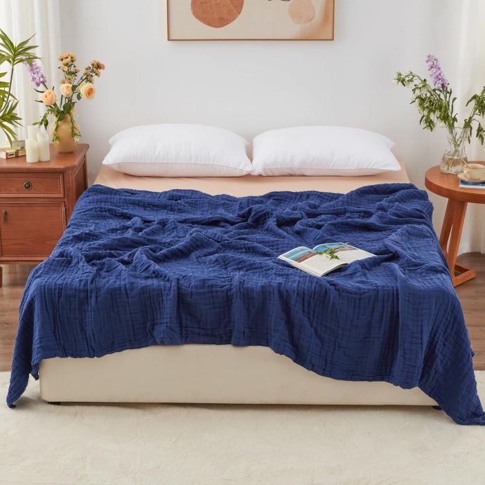 Love's Cabin 6 Layer Cotton Muslin Blanket, Navy Blue Queen Size (image 2)