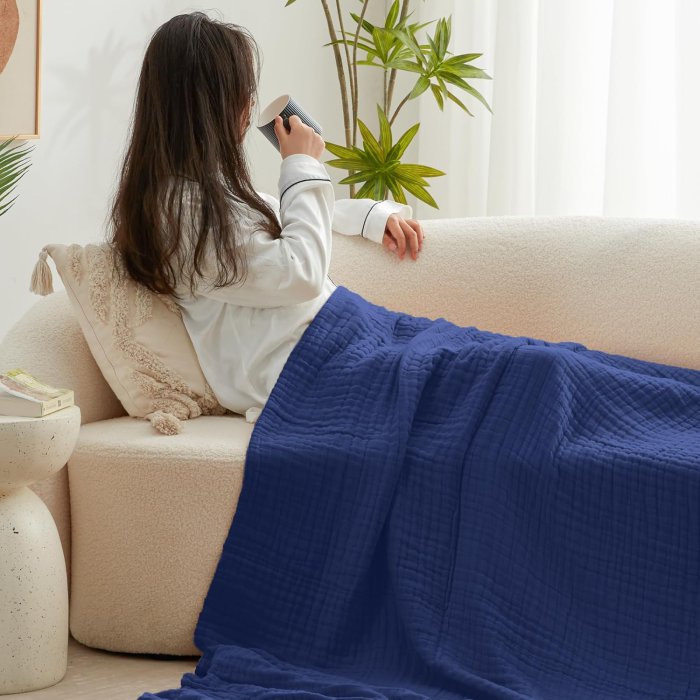 Love's Cabin 6 Layer Cotton Muslin Blanket, Navy Blue Queen Size (image 3)