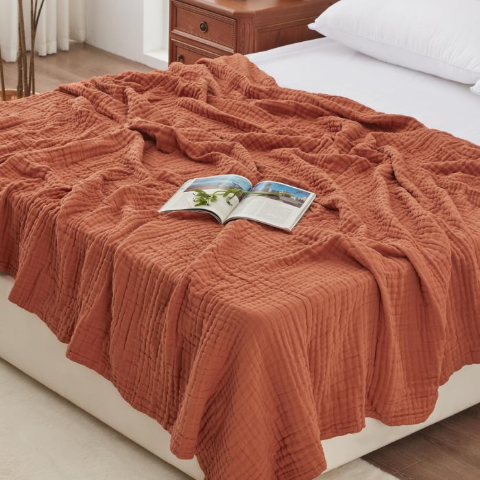 Love's Cabin 6 Layer Cotton Muslin Blanket (Orange, Queen Size)
