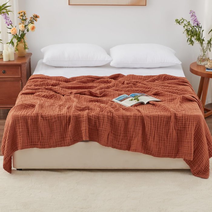 Love's Cabin 6 Layer Cotton Muslin Blanket (Orange, Queen Size) (image 2)