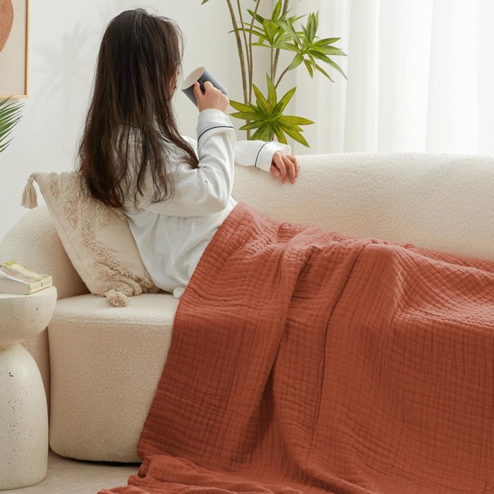 Love's Cabin 6 Layer Cotton Muslin Blanket (Orange, Queen Size) (image 3)