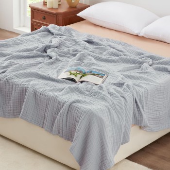 Love's Cabin 6 Layer Cotton Muslin Blanket, Queen Size, Bluish Grey