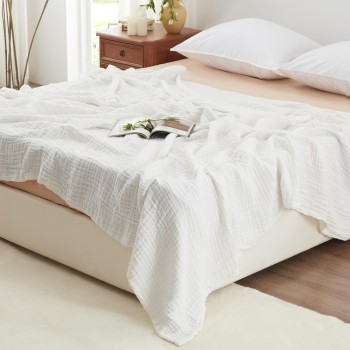 Love's Cabin 6 Layer Cotton Muslin Blanket (Queen Size, White)