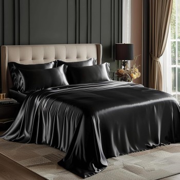 Love's Cabin Black Satin Queen Sheets Set (4 Piece)