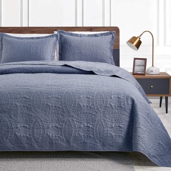 Love's Cabin Blue Coin Pattern Quilt Set (Queen) - Lightweight Microfiber Bedspread