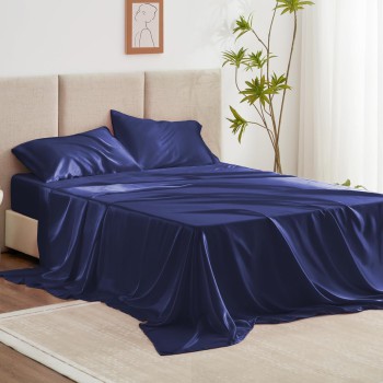 Love's Cabin Navy Blue Satin Queen Sheet Set