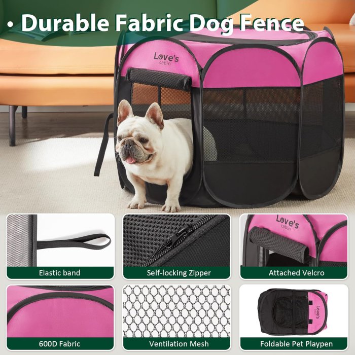 Love's Cabin Portable Dog Playpen with Removable Zipper Top (Pink) (image 3)