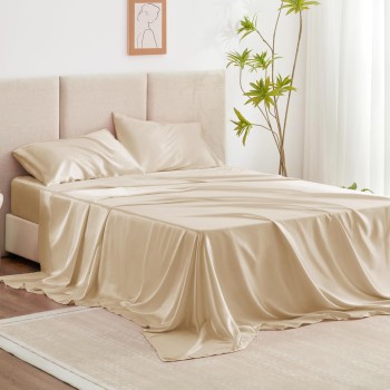 Love's cabin Satin Queen Sheets Set - 4 Piece Beige Silky Satin Bed Sheets Queen Set