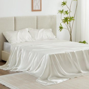 Love's cabin Satin Queen Sheets Set - Ivory Silky Satin Bed Sheets Set