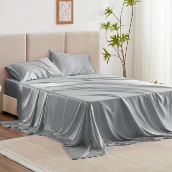 Love's cabin Satin Queen Sheets Set - Silver Silky 4-Piece Set