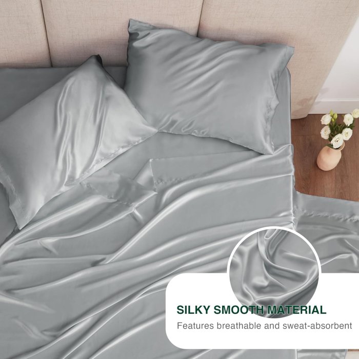 Love's cabin Satin Queen Sheets Set - Silver Silky 4-Piece Set (image 4)