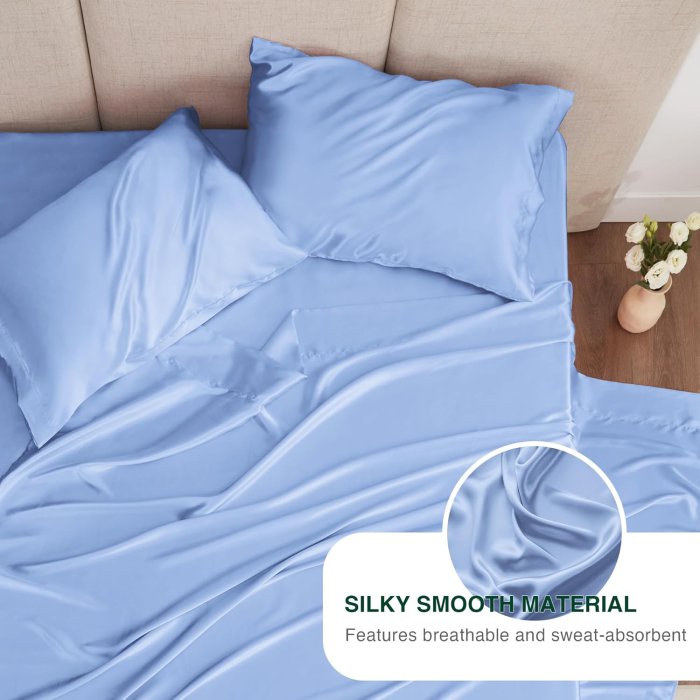 Love's Cabin Satin Queen Sheets Set - Sky Blue Silky Satin Bed Sheets Set (image 4)