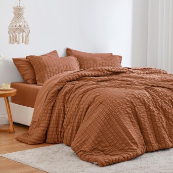 Love's Cabin Seersucker Terracotta Queen Comforter Set - 7 Piece